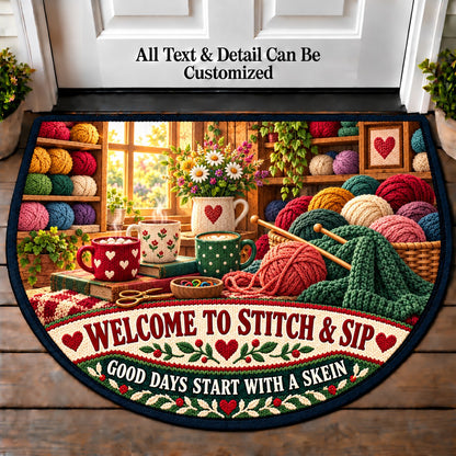 Yarn Shop Morning - Stitch and Sip Club Personalized Half Round Mat | 5To9Vibe
