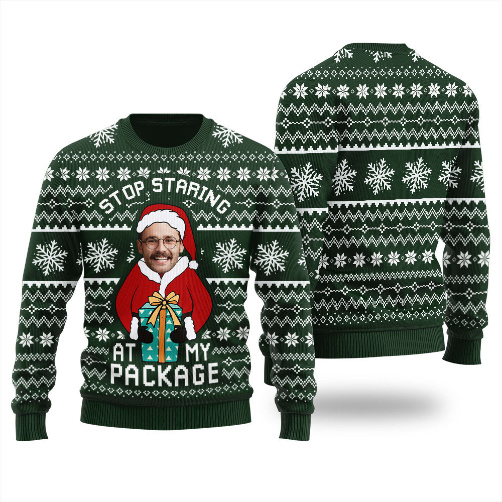Stop Staring At My Package Custom Your Face Christmas Sweater