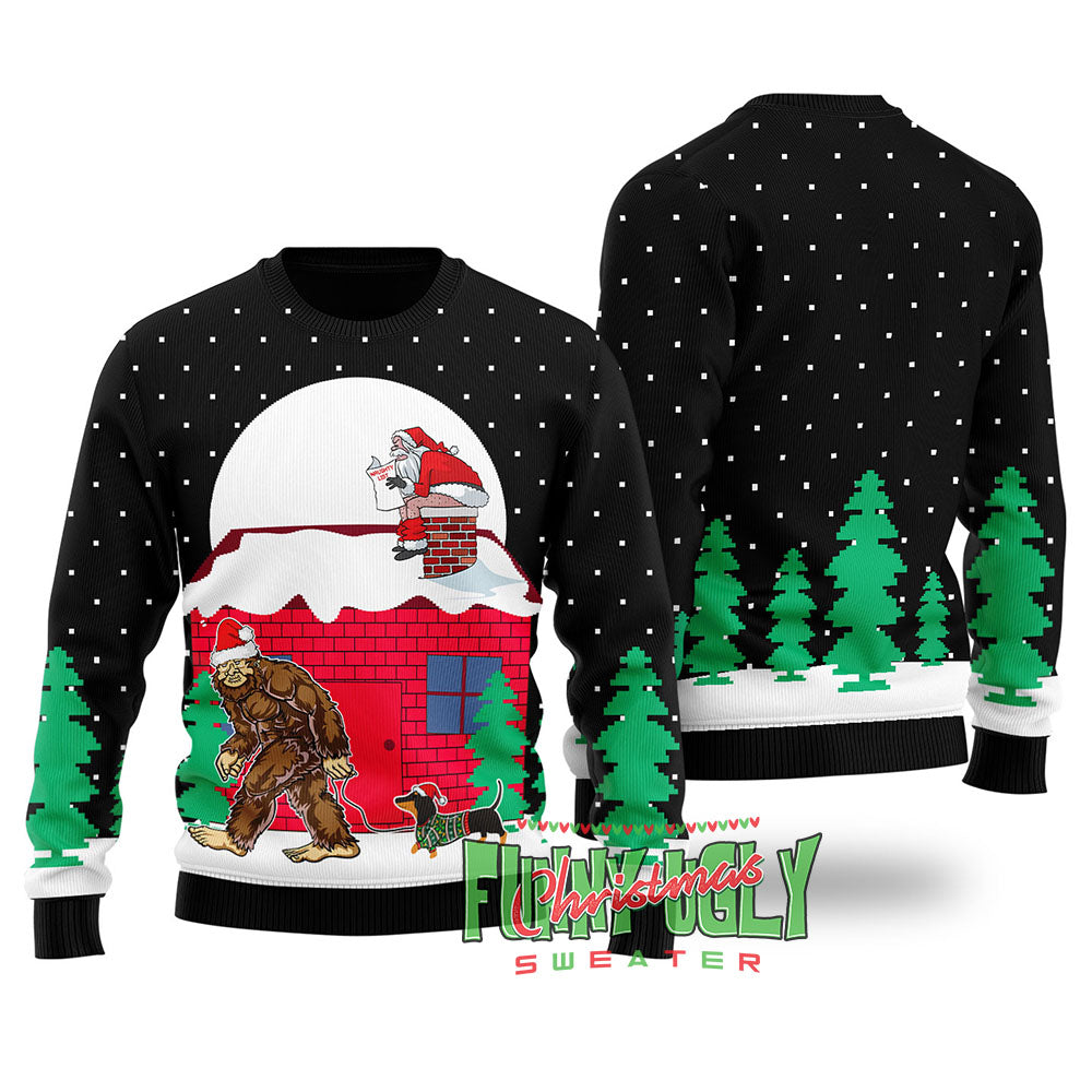 Strange Bigfoot Walking Dachshund Ugly Christmas Sweater Black