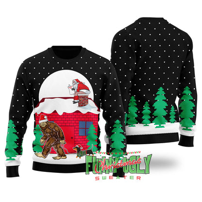 Strange Bigfoot Walking Dachshund Ugly Christmas Sweater Black