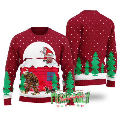 Strange Bigfoot Walking Dachshund Ugly Christmas Sweater Cardinal Red
