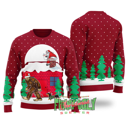 Strange Bigfoot Walking Dachshund Ugly Christmas Sweater Cardinal Red