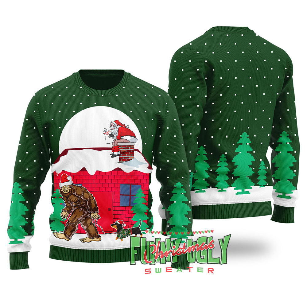 Strange Bigfoot Walking Dachshund Ugly Christmas Sweater Forest Green