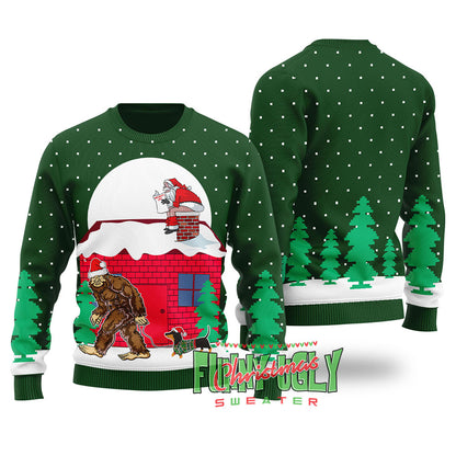 Strange Bigfoot Walking Dachshund Ugly Christmas Sweater Forest Green