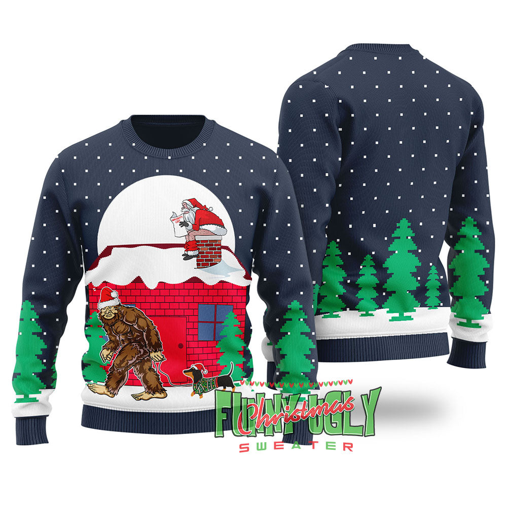Strange Bigfoot Walking Dachshund Ugly Christmas Sweater Navy