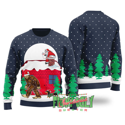 Strange Bigfoot Walking Dachshund Ugly Christmas Sweater Navy