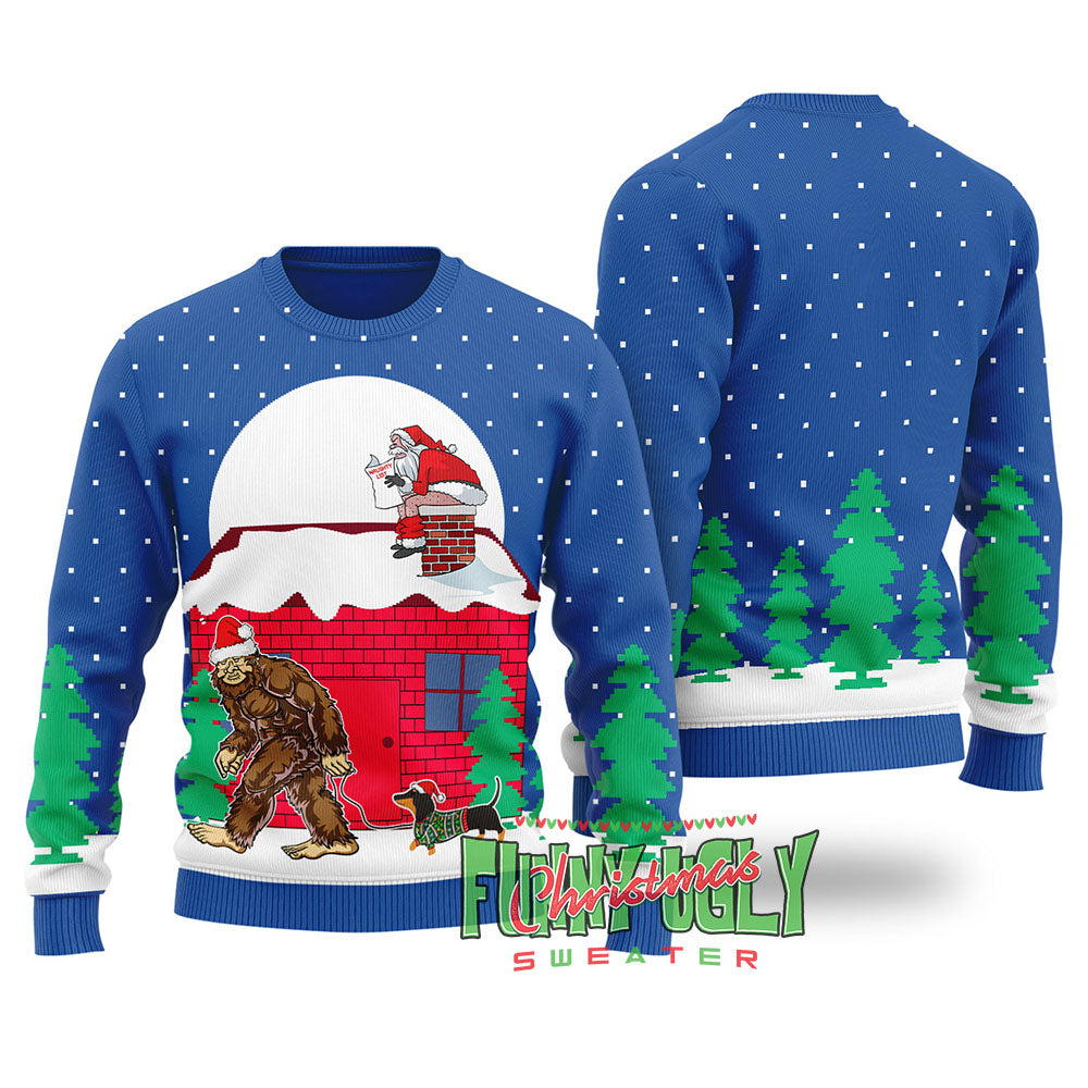 Strange Bigfoot Walking Dachshund Ugly Christmas Sweater Royal