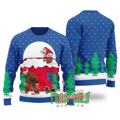 Strange Bigfoot Walking Dachshund Ugly Christmas Sweater Royal