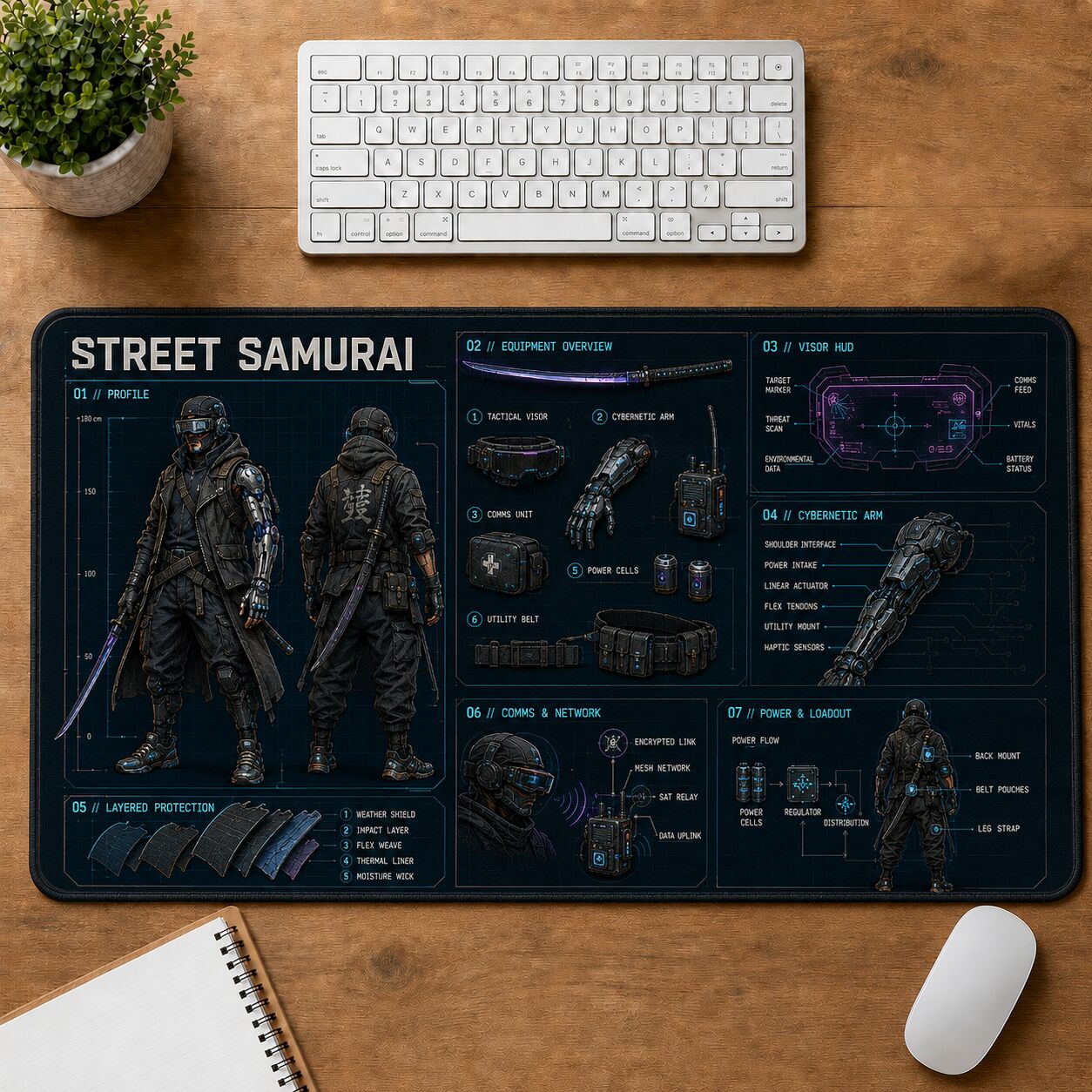 Street Samurai Futuristic Technical Guide Desk Mat | 5To9Vibe