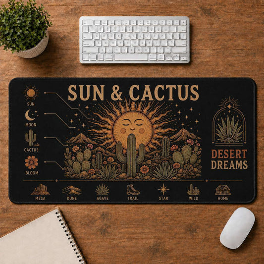 Sun & Cactus Hippie Desk Mat Mouse Pad | 5To9Vibe - Sun & Cactus style