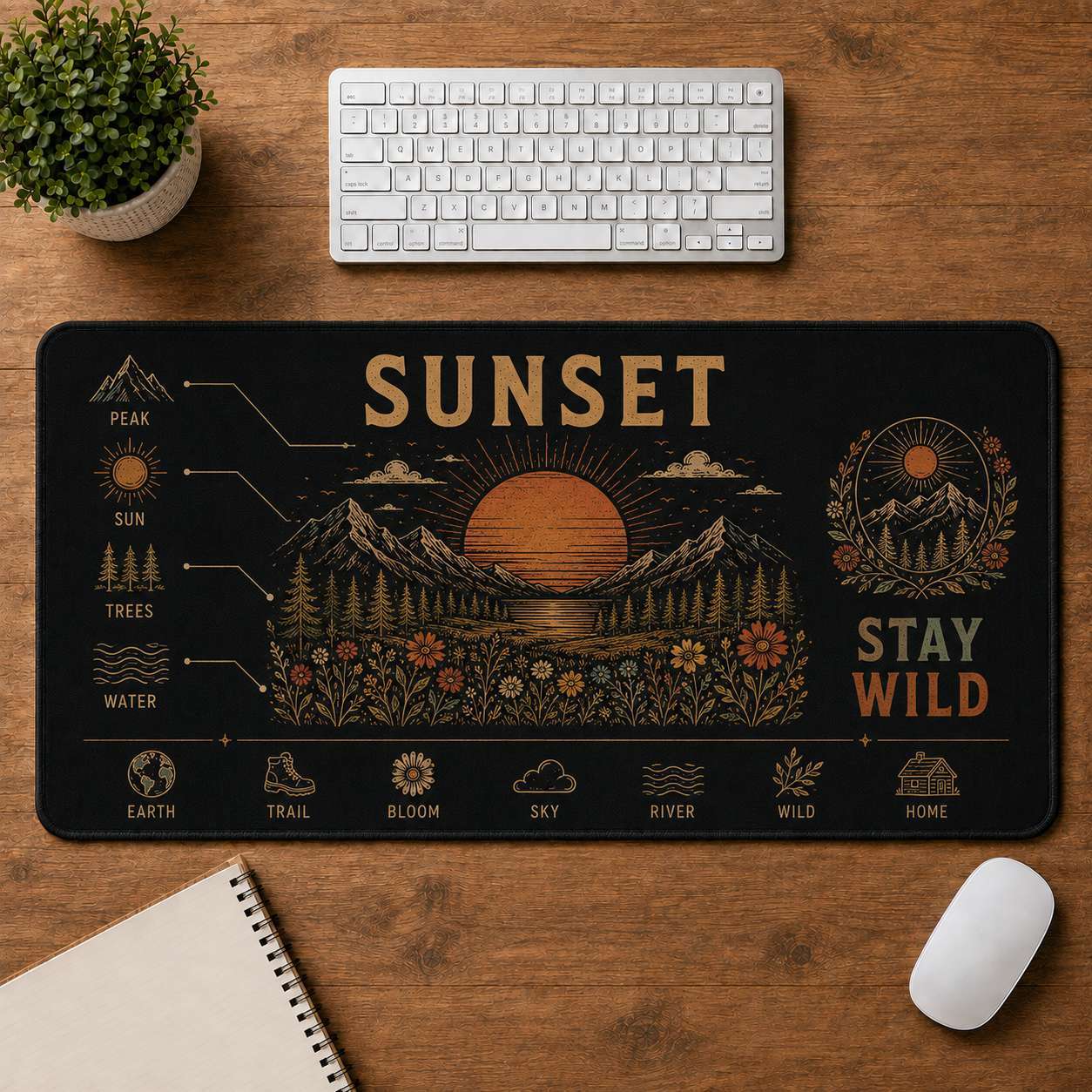 Mountain & Sun Hippie Desk Mat Mouse Pad | 5To9Vibe - Sunset style