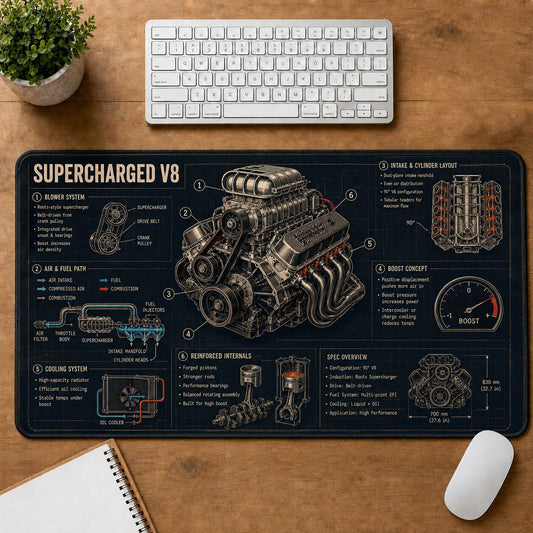 Supercharged V8 Hot Rod Technical Guide Desk Mat | 5To9Vibe