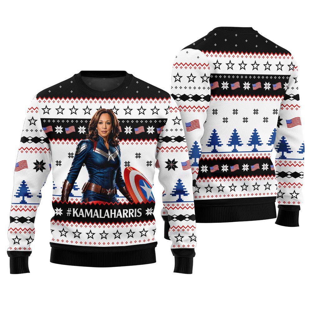 Superhero Kamala Harris Ugly Xmas Sweater Black
