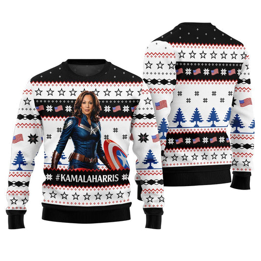 Superhero Kamala Harris Ugly Xmas Sweater Black