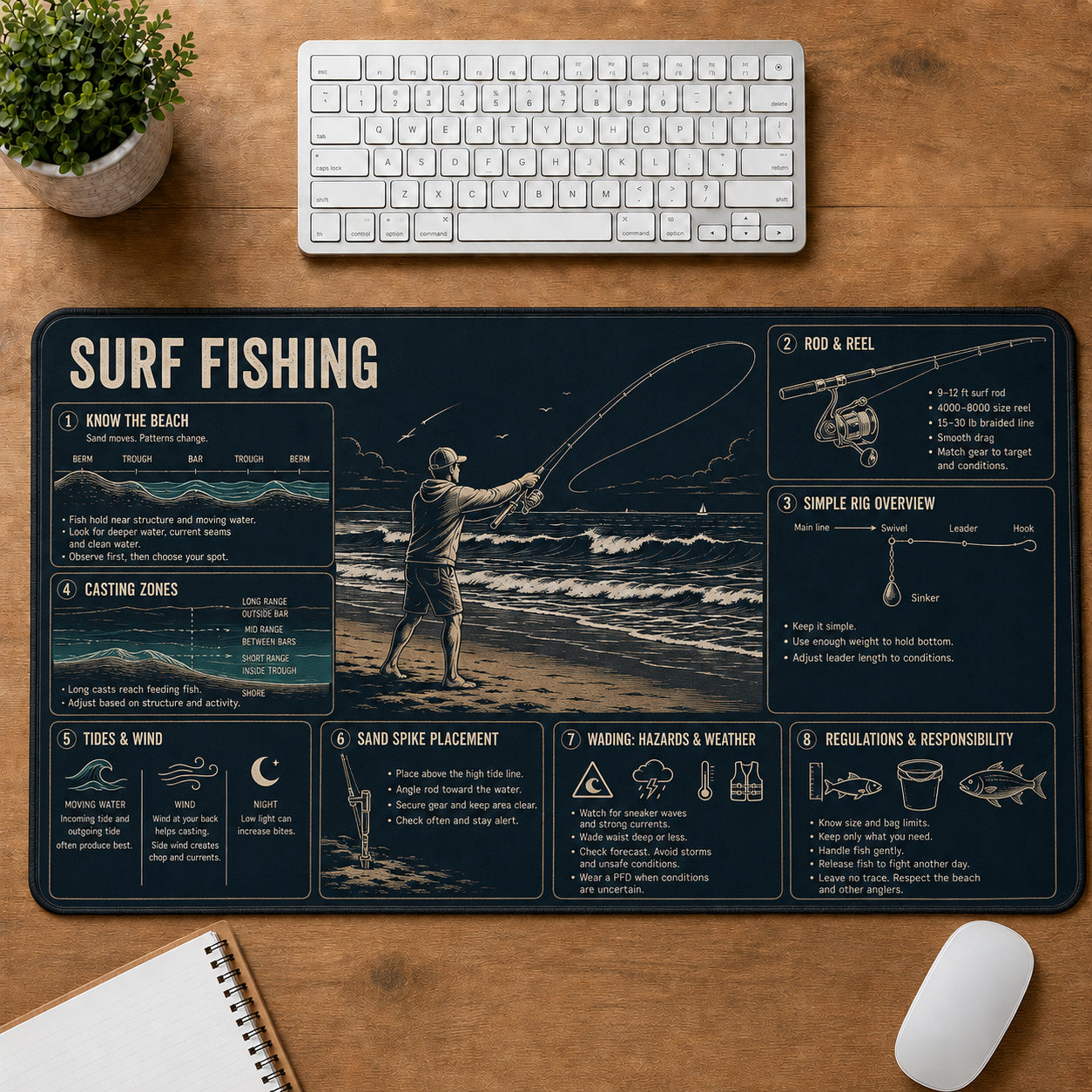 Surf Fishing Sports Visual Guide Desk Mat | 5To9Vibe