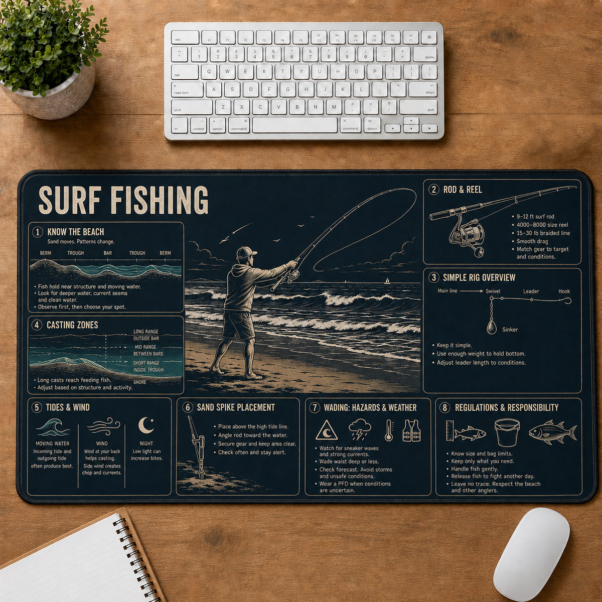 Surf Fishing Sports Visual Guide Desk Mat | 5To9Vibe