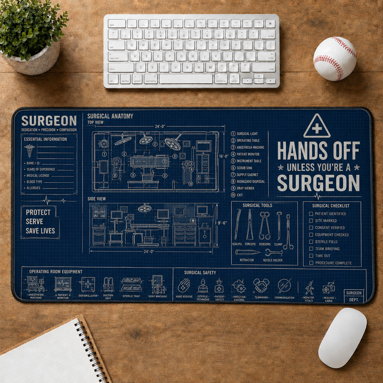 Dental Clinic Blueprint Large Desk Mat - Dentist Chair & Tooth Anatomy Plus Size Mouse Pad - 5to9vibe