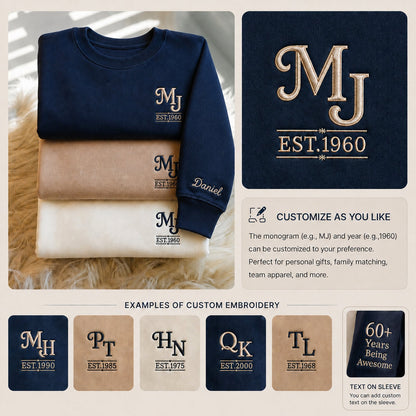 1960 Custom Monogram Embroidered with Name and Year For Birthday, Anniversary, Mother Dad Gift, Couple Gift, Husband Wife Gift, Family Gift Unisex Hoodie,  Unisex Sweatshirt, Quarter Zip Sweatshirt, T-shirts