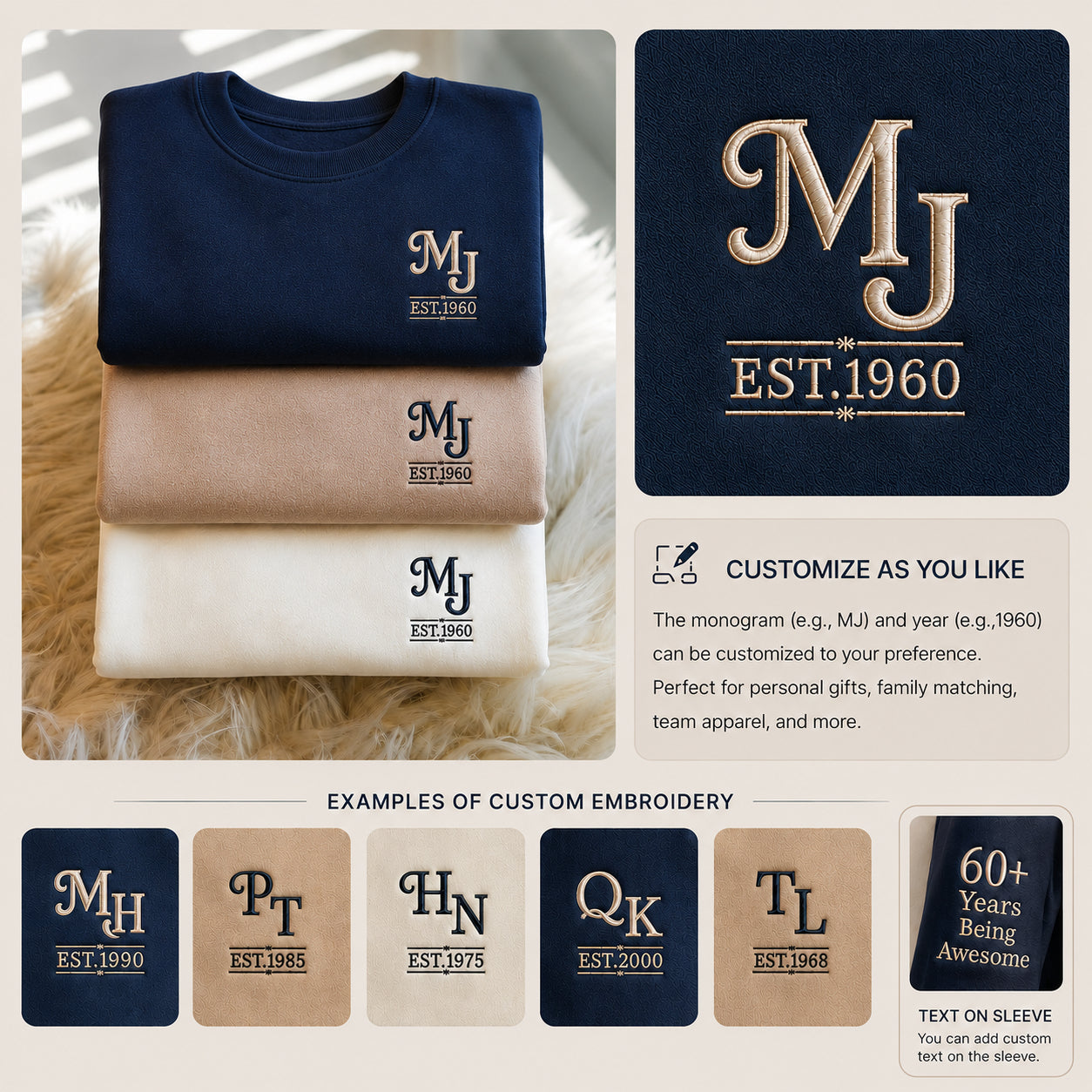 1960 Custom Monogram Embroidered with Name and Year For Birthday, Anniversary, Mother Dad Gift, Couple Gift, Husband Wife Gift, Family Gift Unisex Hoodie,  Unisex Sweatshirt, Quarter Zip Sweatshirt, T-shirts