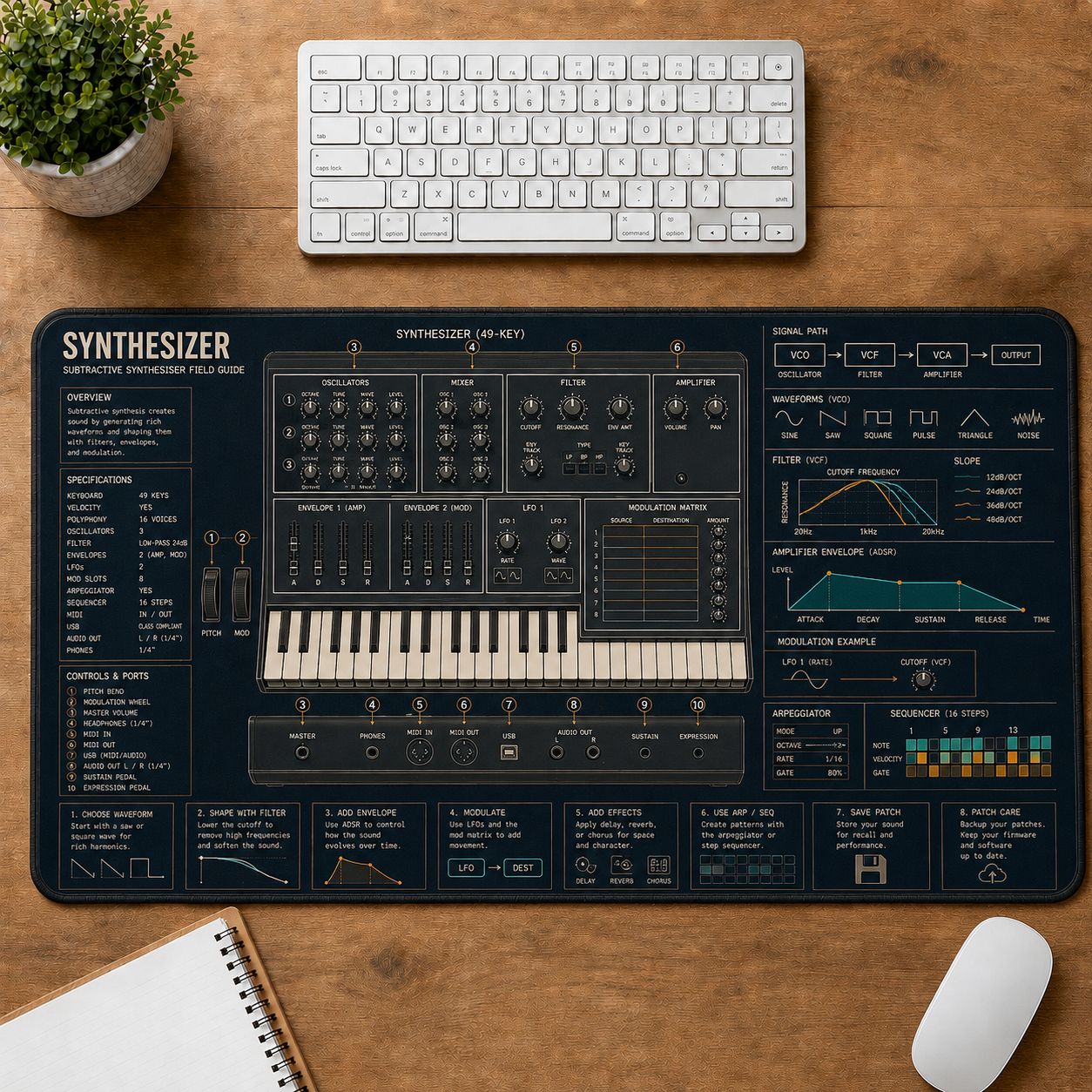 Synthesizer Musical Instrument Blueprint Guide Desk Mat | 5To9Vibe