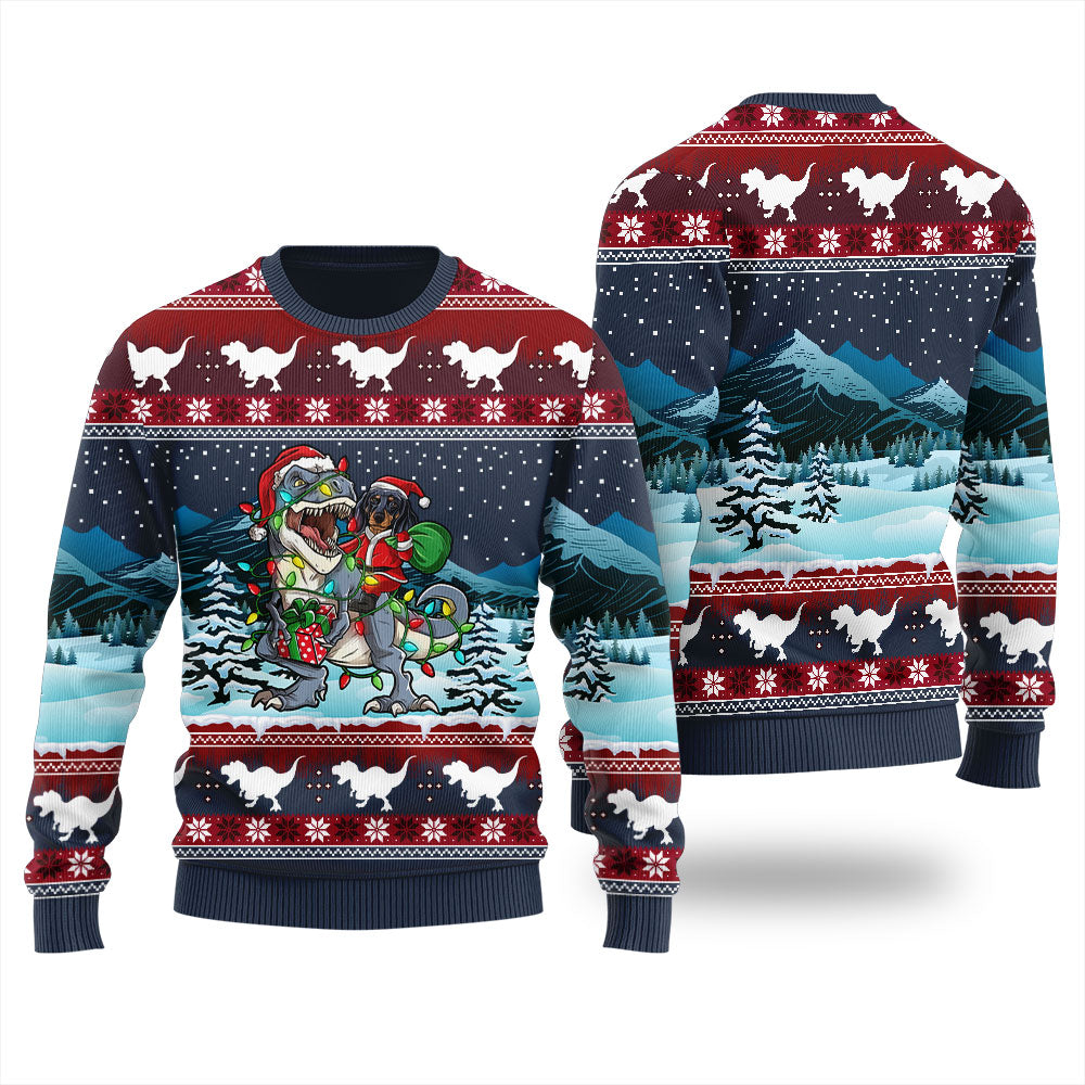 T-Rex Dachshund Ugly Christmas Sweater For Men