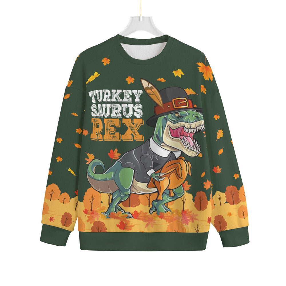 T-Rex Turkey Thanksgiving Oversized Ugly Sweater Forest Green