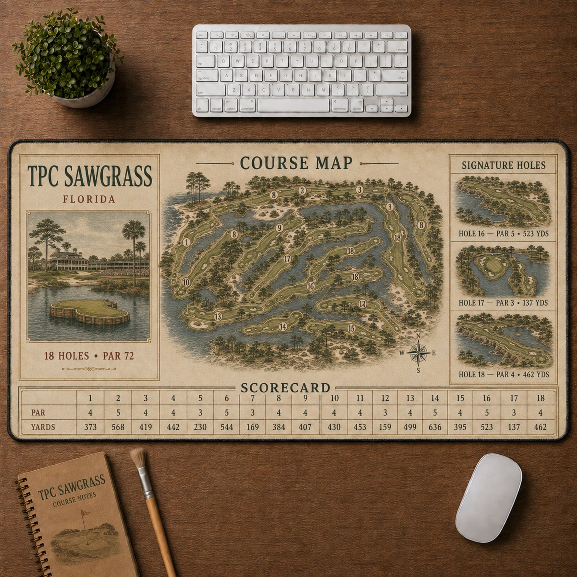 TPC Sawgrass Vintage Golf Course Map & Scorecard Guide Desk Mat | 5To9Vibe