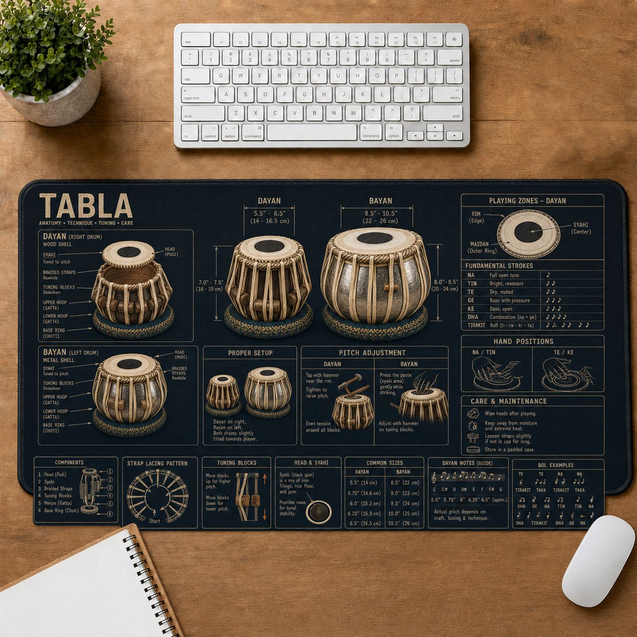 Tabla Musical Instrument Blueprint Guide Desk Mat | 5To9Vibe