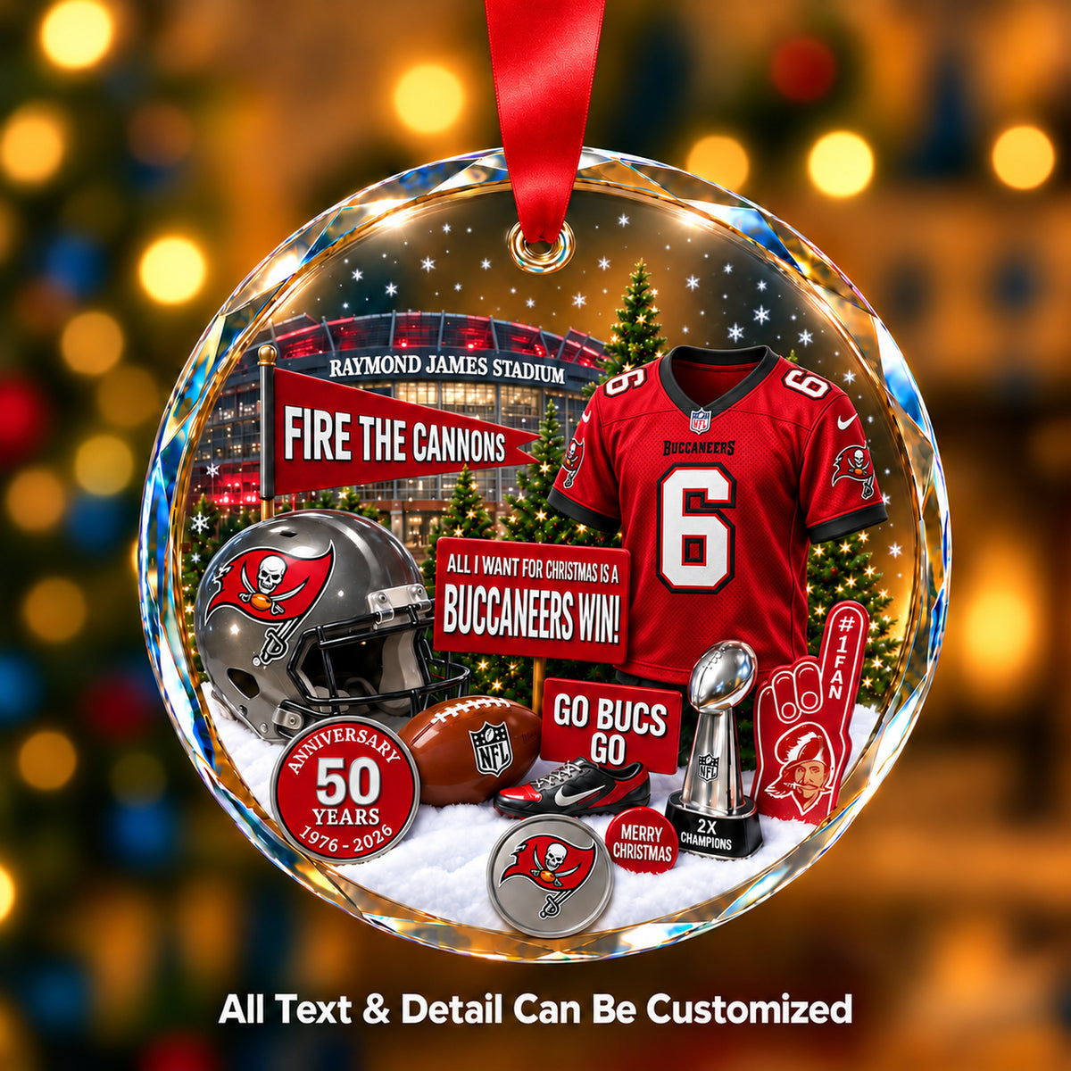 Tampa Bay Buccaneers Jersey Snow Globe Glass Ornament