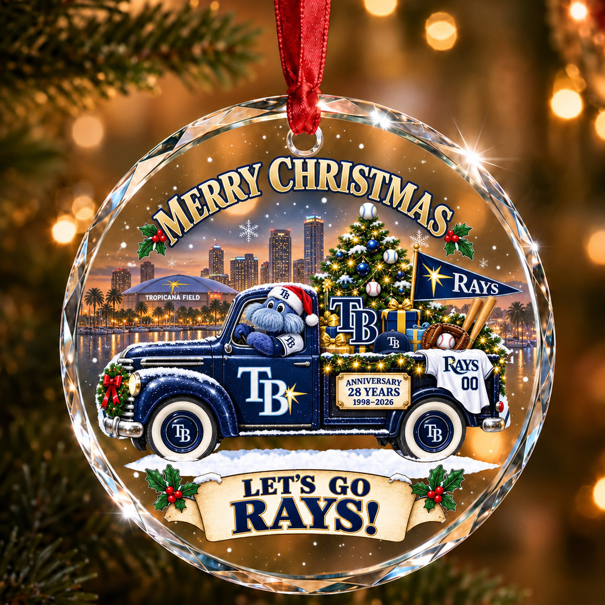 All Baseball Teams Christmas Truck Round Glass Ornament  With Red Gift Box | 5to9vibe