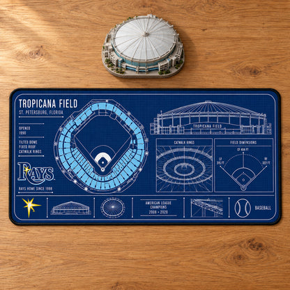 Tampa Bay Rays Tropicana Field blueprint desk mat, 16" x 32", on a wooden desk with a decorative stadium model