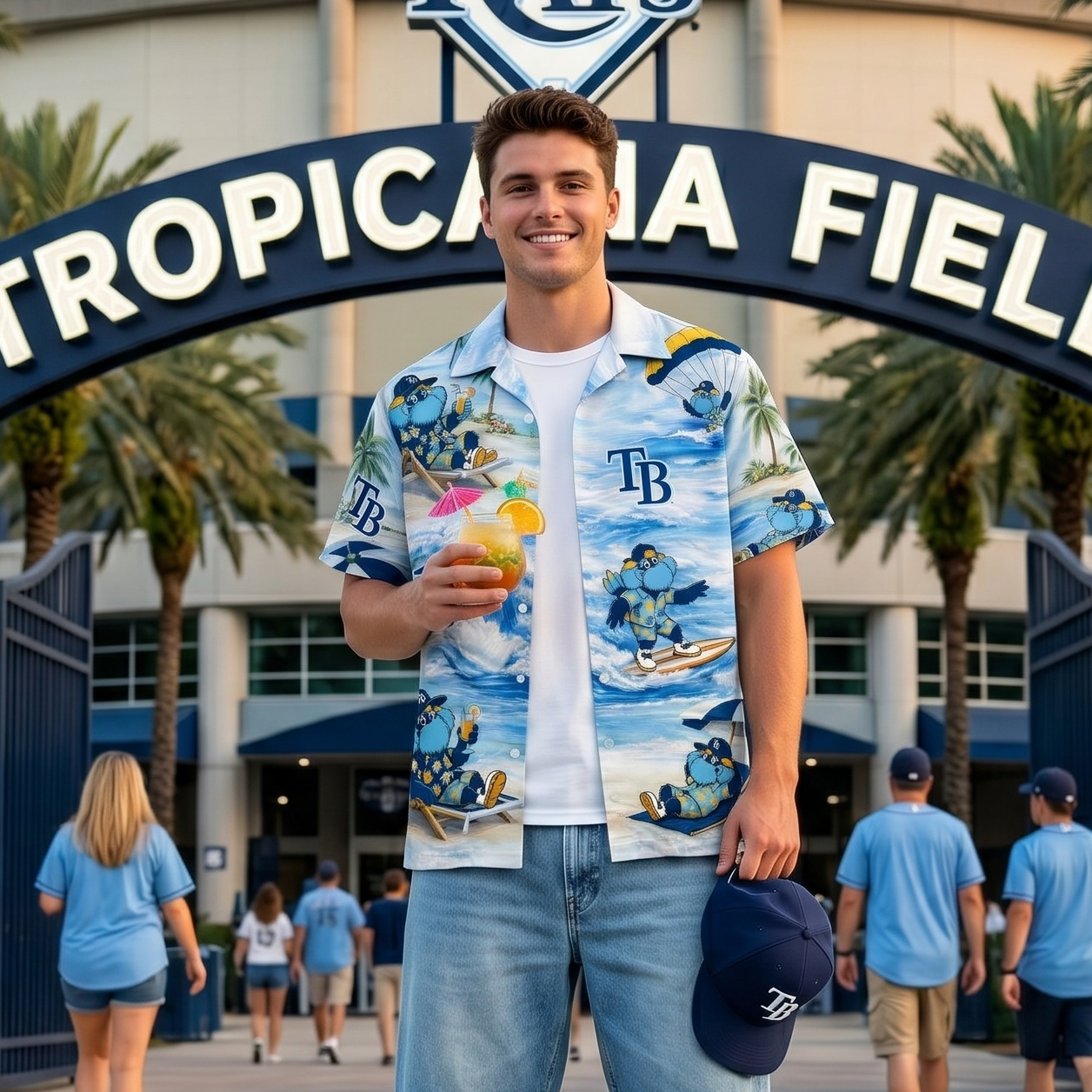 Camisa Hawaiana Unisex con Botones "Viber de Playa" de la Mascota de Béisbol TBR Para Hombres y Mujeres