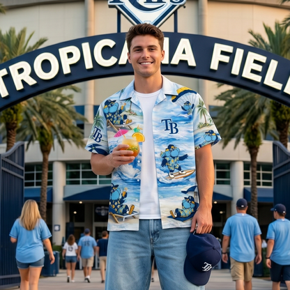 Camisa Hawaiana Unisex con Botones "Viber de Playa" de la Mascota de Béisbol TBR Para Hombres y Mujeres
