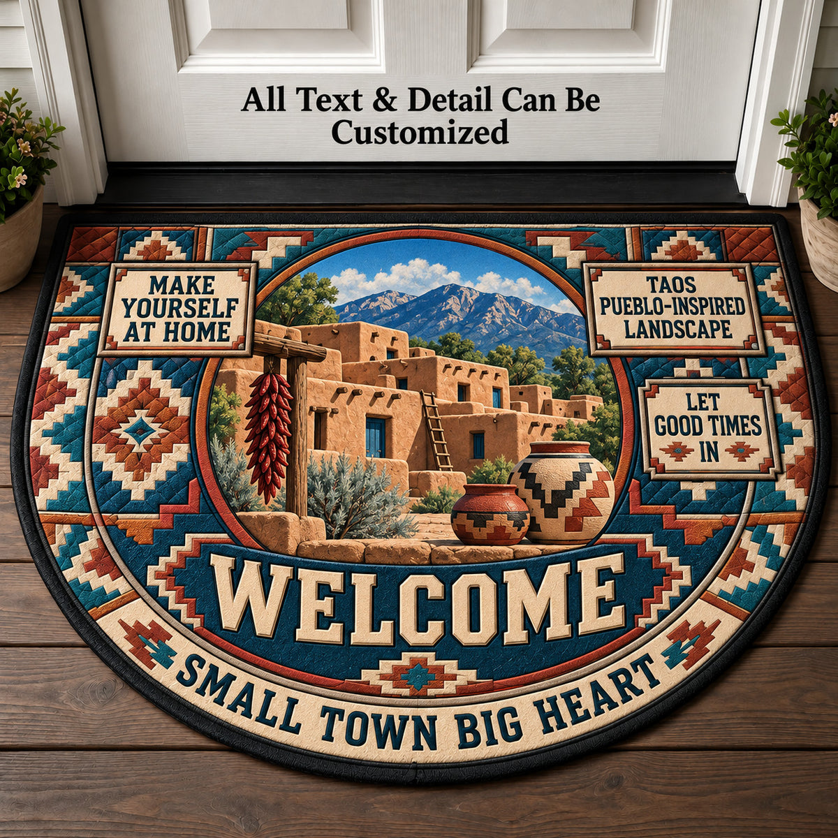 Taos Pueblo-Inspired Landscape Personalized Half Round Mat | 5To9Vibe