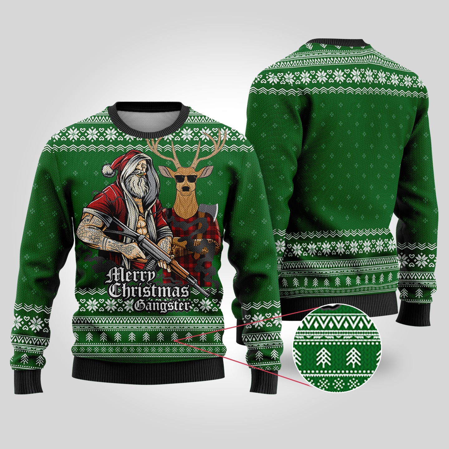 Tattooed Santa Forest Green Funny Ugly Christmas Sweater - Funny Ugly Christmas Sweater