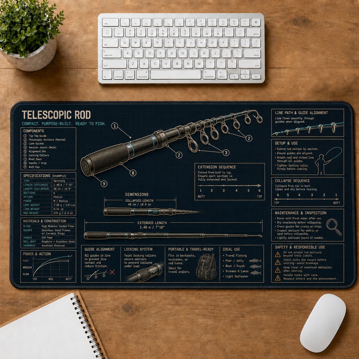 Telescopic Rod Fishing Field Guide Desk Mat | 5To9Vibe