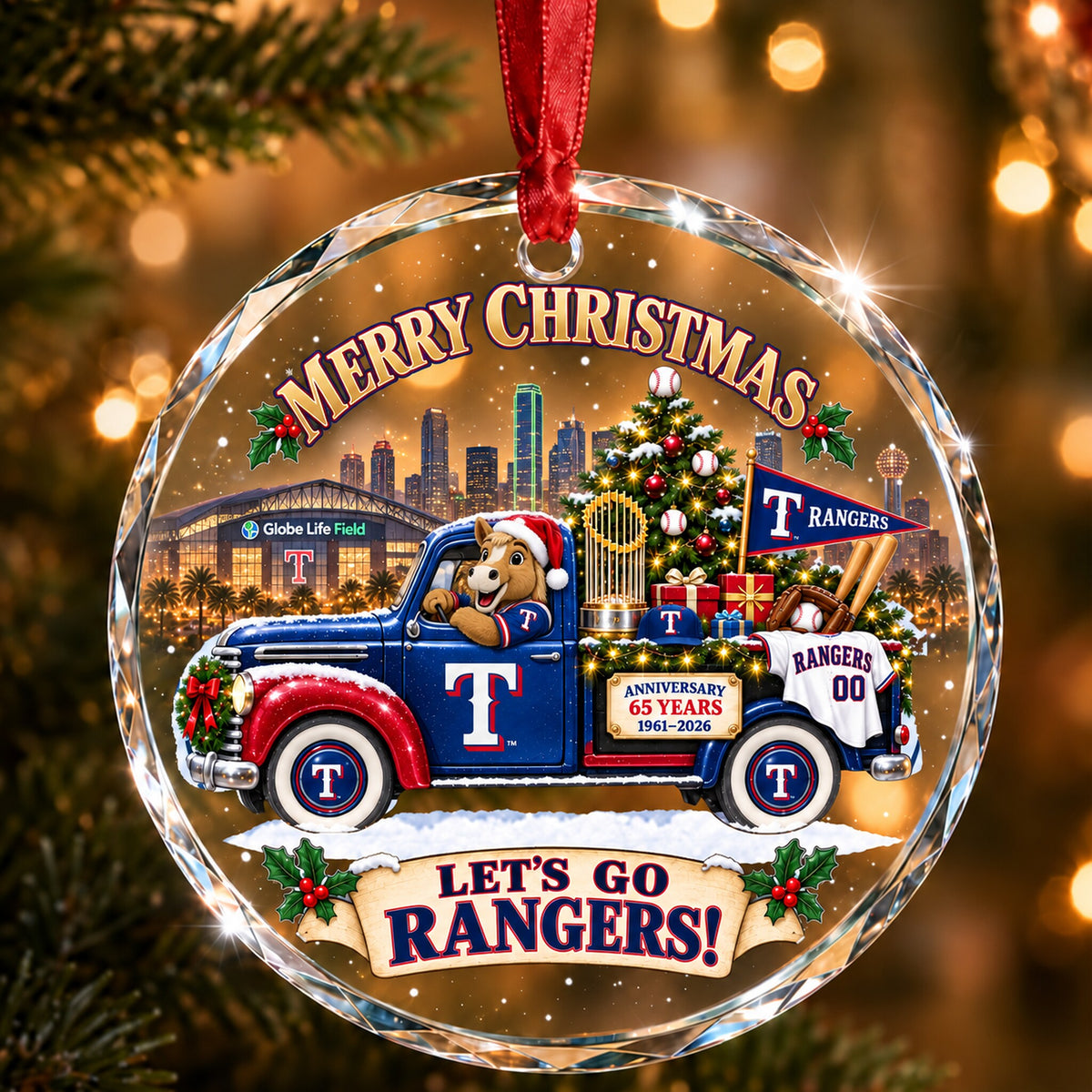 All Baseball Teams Christmas Truck Round Glass Ornament  With Red Gift Box | 5to9vibe