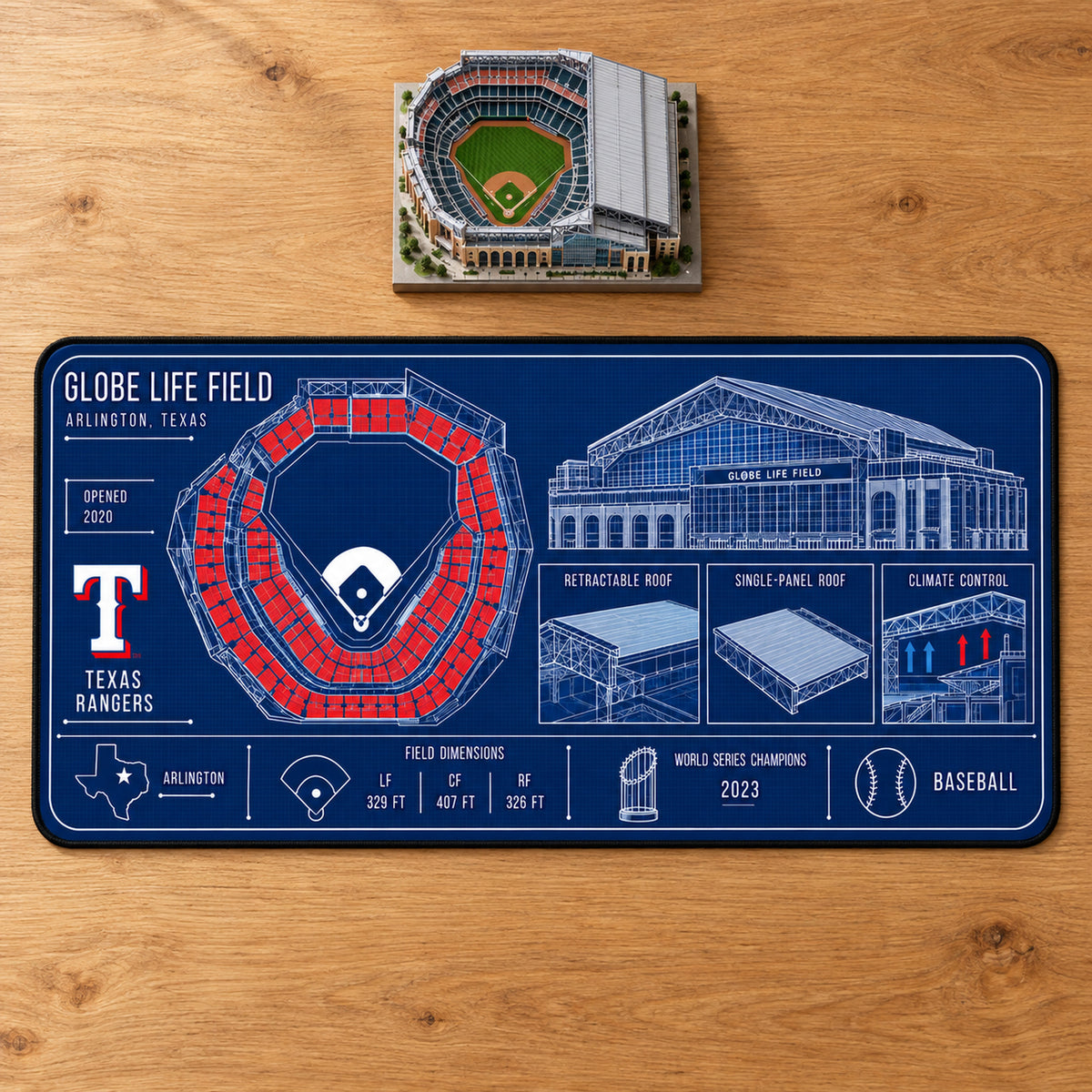 Texas Rangers Globe Life Field blueprint desk mat, 16" x 32", on a wooden desk with a decorative stadium model