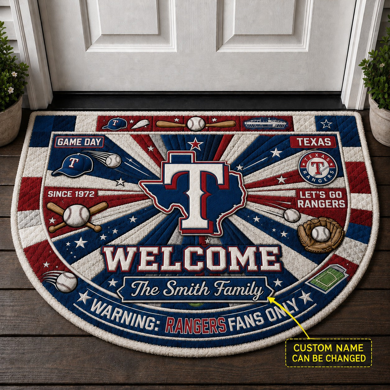 Official-Inspired Baseball Fan Custom Quilted Print Premium Welcome Mat Washable Black Border – Personalized Baseball Doormat