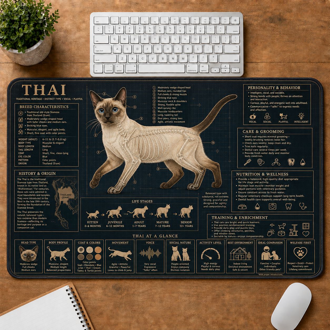 Thai Cat Breed Desk Mat Anatomy Guide | 5To9Vibe