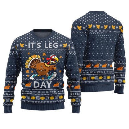 Thanksgiving It's Leg Day Funny Ugly Sweater Navy