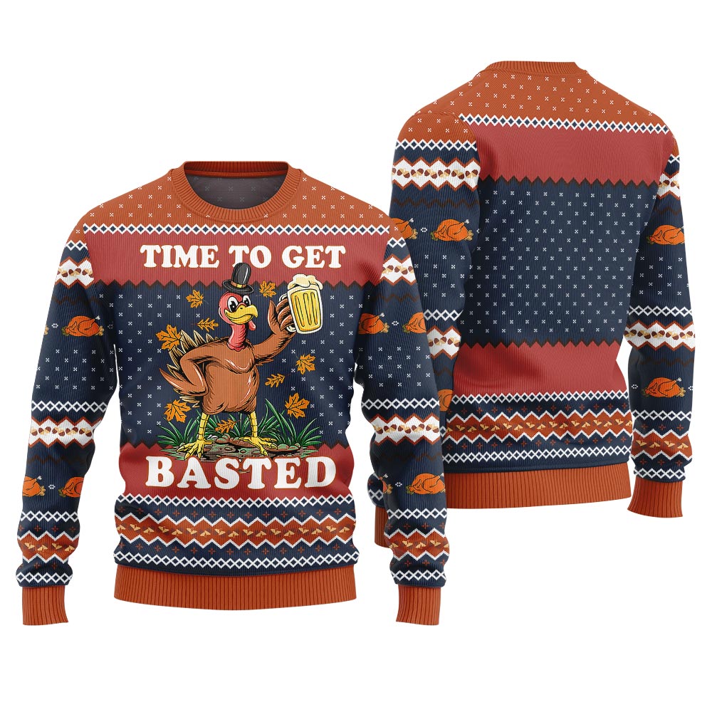 Thanksgiving Time To Get Basted Funny Ugly Sweater Navy