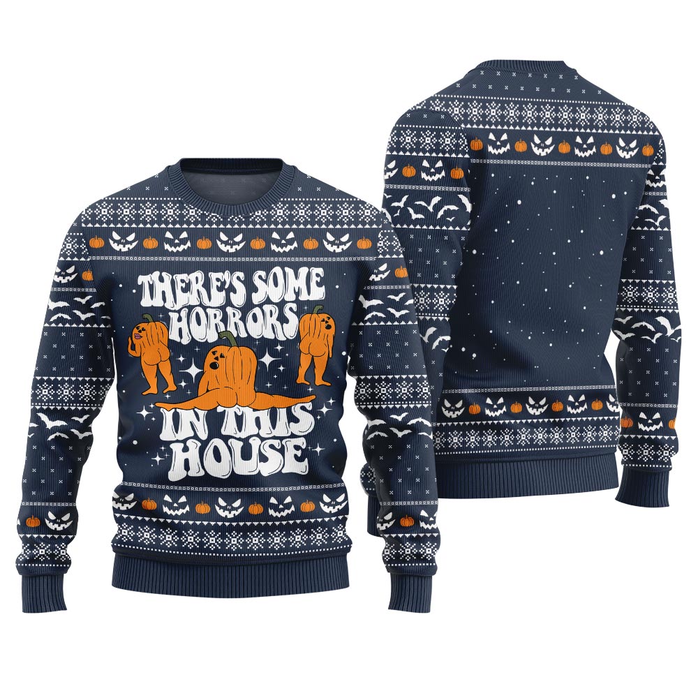 There's Some Horrors In This House Halloween Ugly Sweater Navy