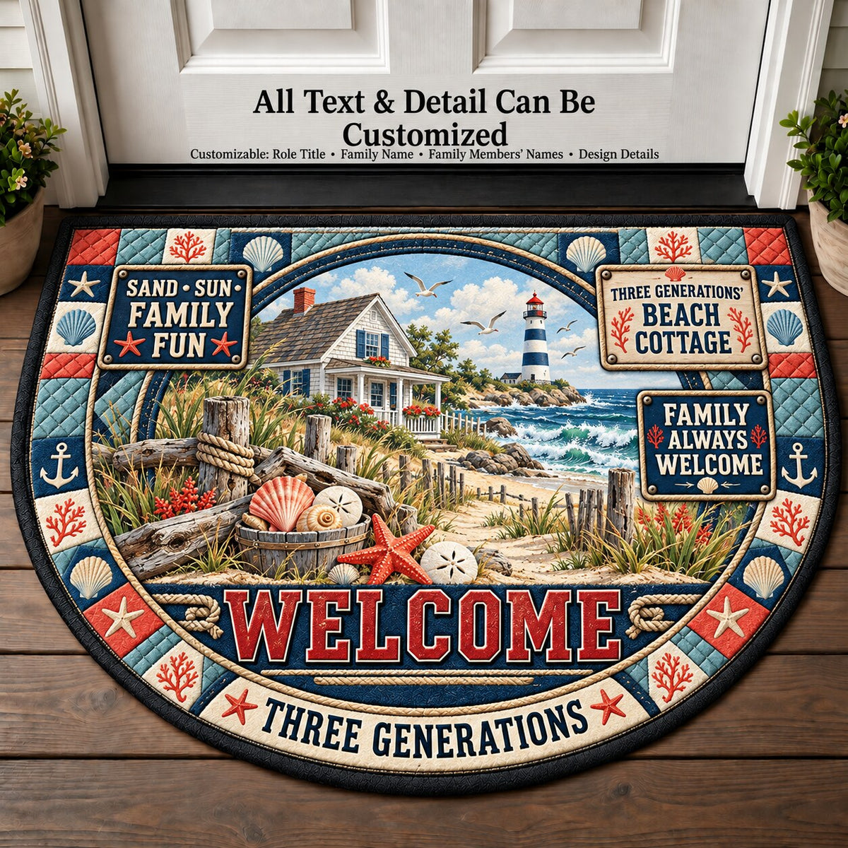 Three Generations' Beach Cottage Personalized Half Round Mat | 5To9Vibe