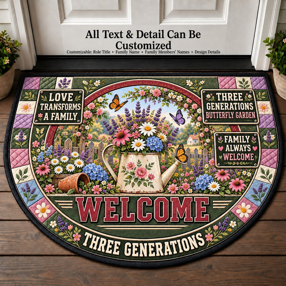 Three Generations' Butterfly Garden Personalized Half Round Mat | 5To9Vibe