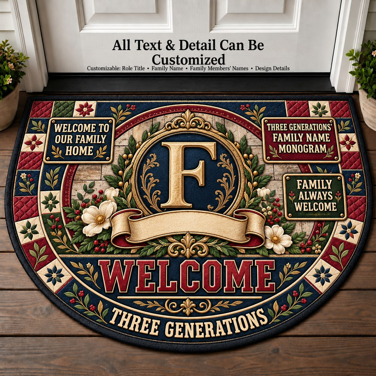 Three Generations' Family Name Monogram Personalized Half Round Mat | 5To9Vibe