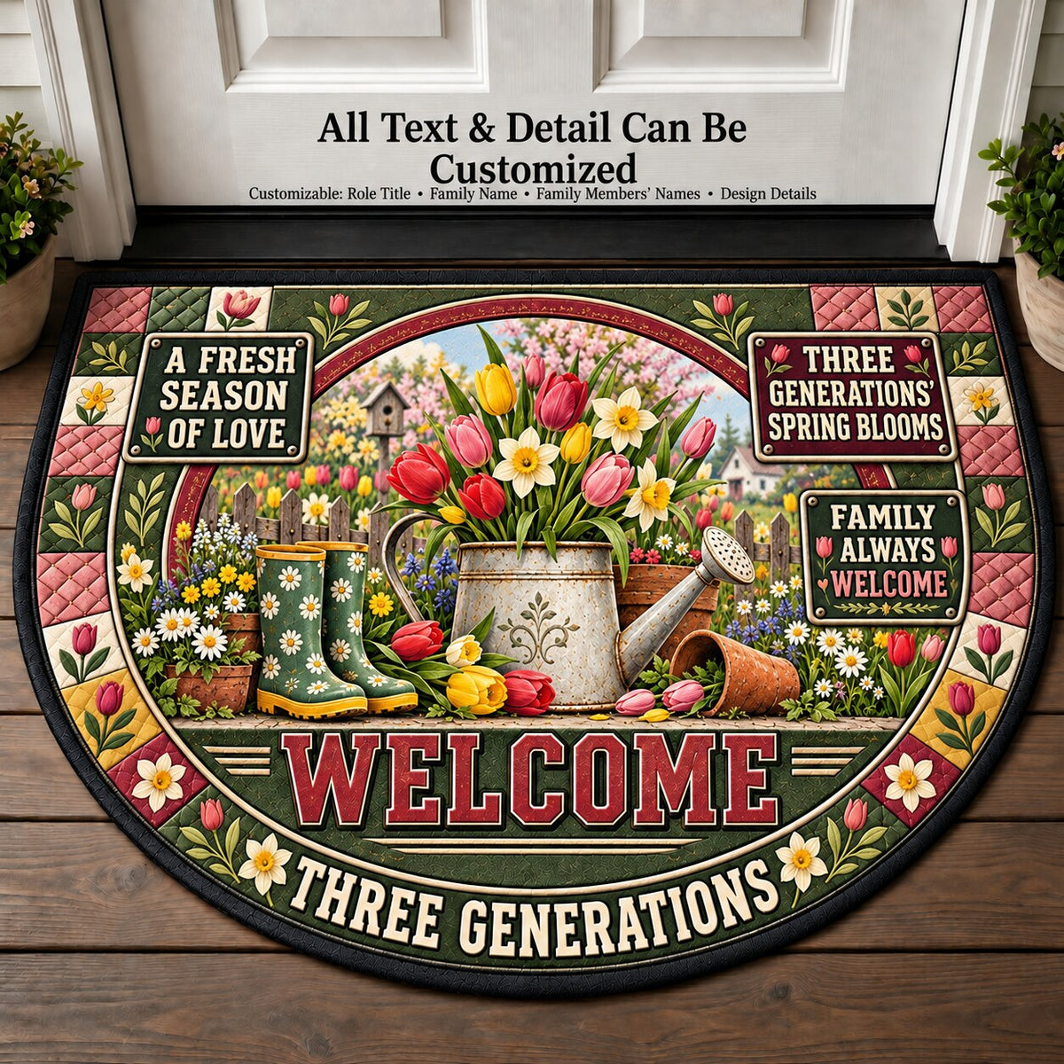 Three Generations' Spring Blooms Personalized Half Round Mat | 5To9Vibe