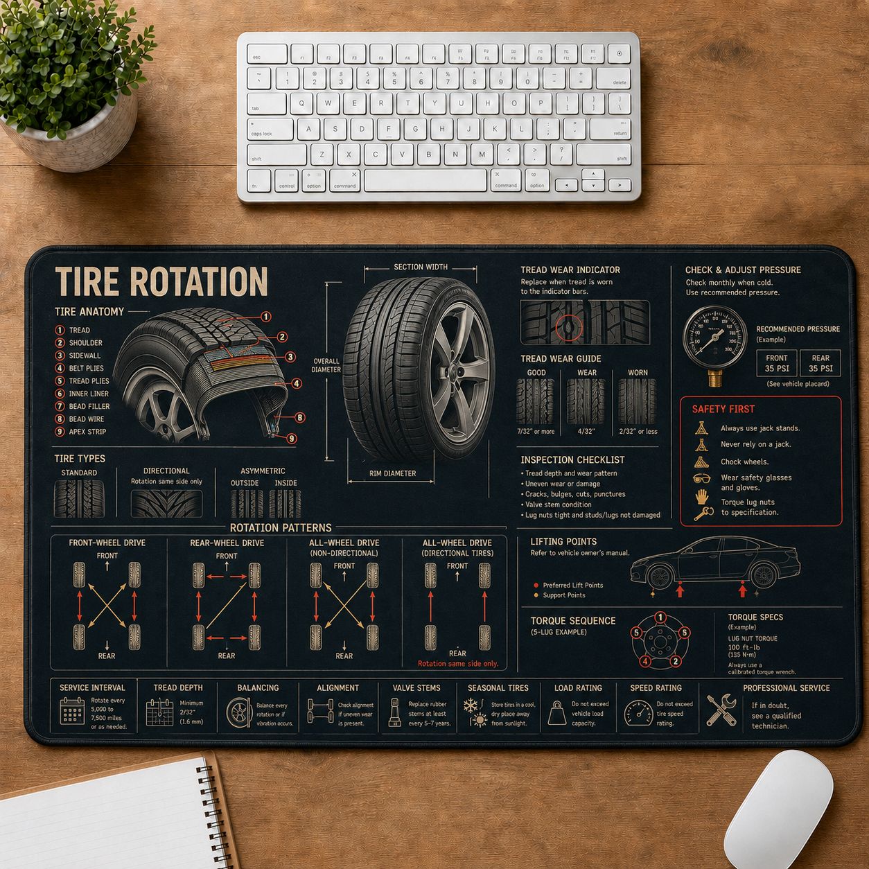 Tire Rotation Automotive Technical Guide Desk Mat | 5To9Vibe
