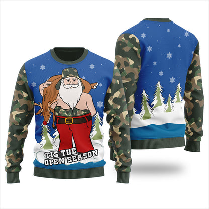 Tis The Open Season Santa With Reindeer Men's Ugly Christmas Sweater