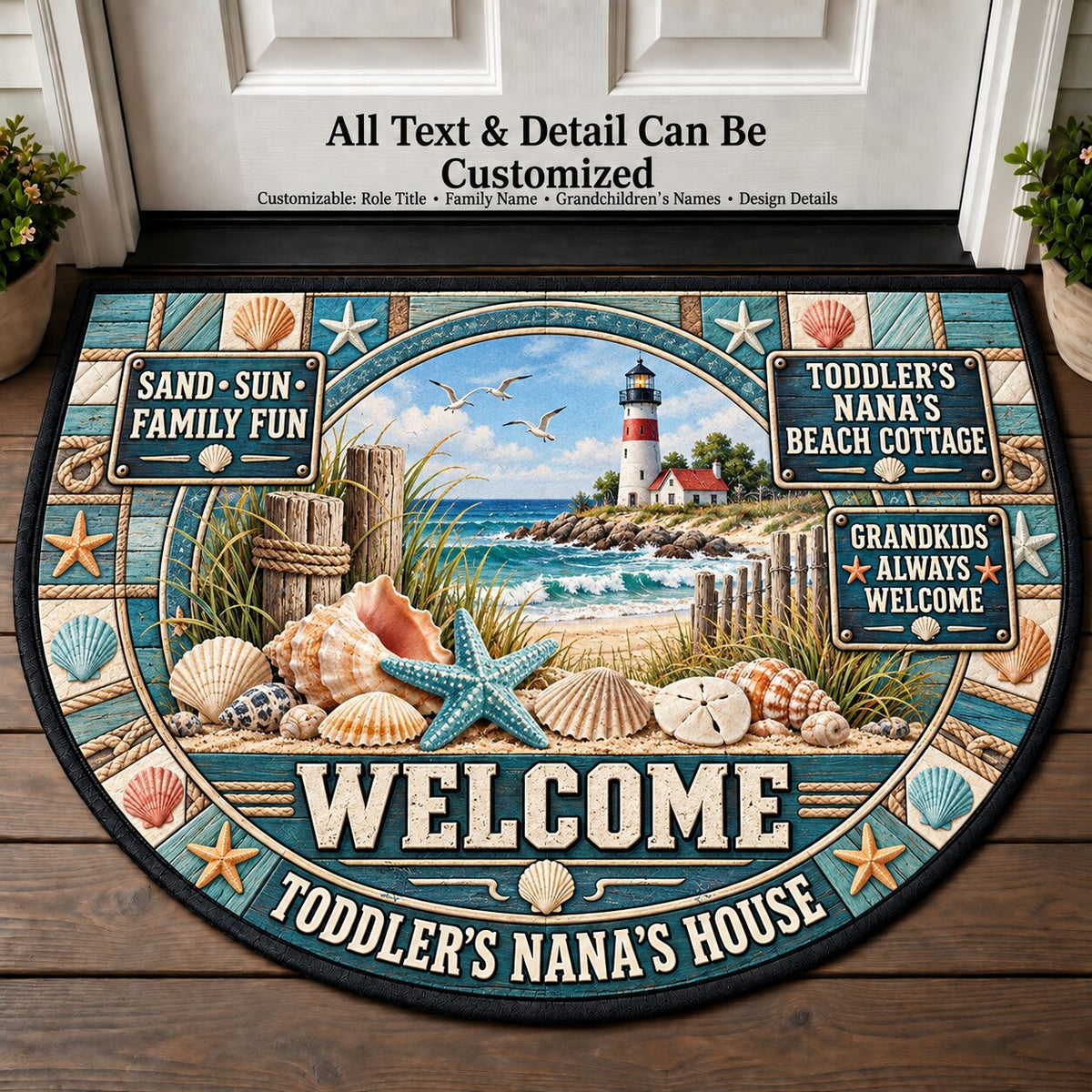 Toddler's Nana's Beach Cottage Personalized Half Round Mat | 5To9Vibe